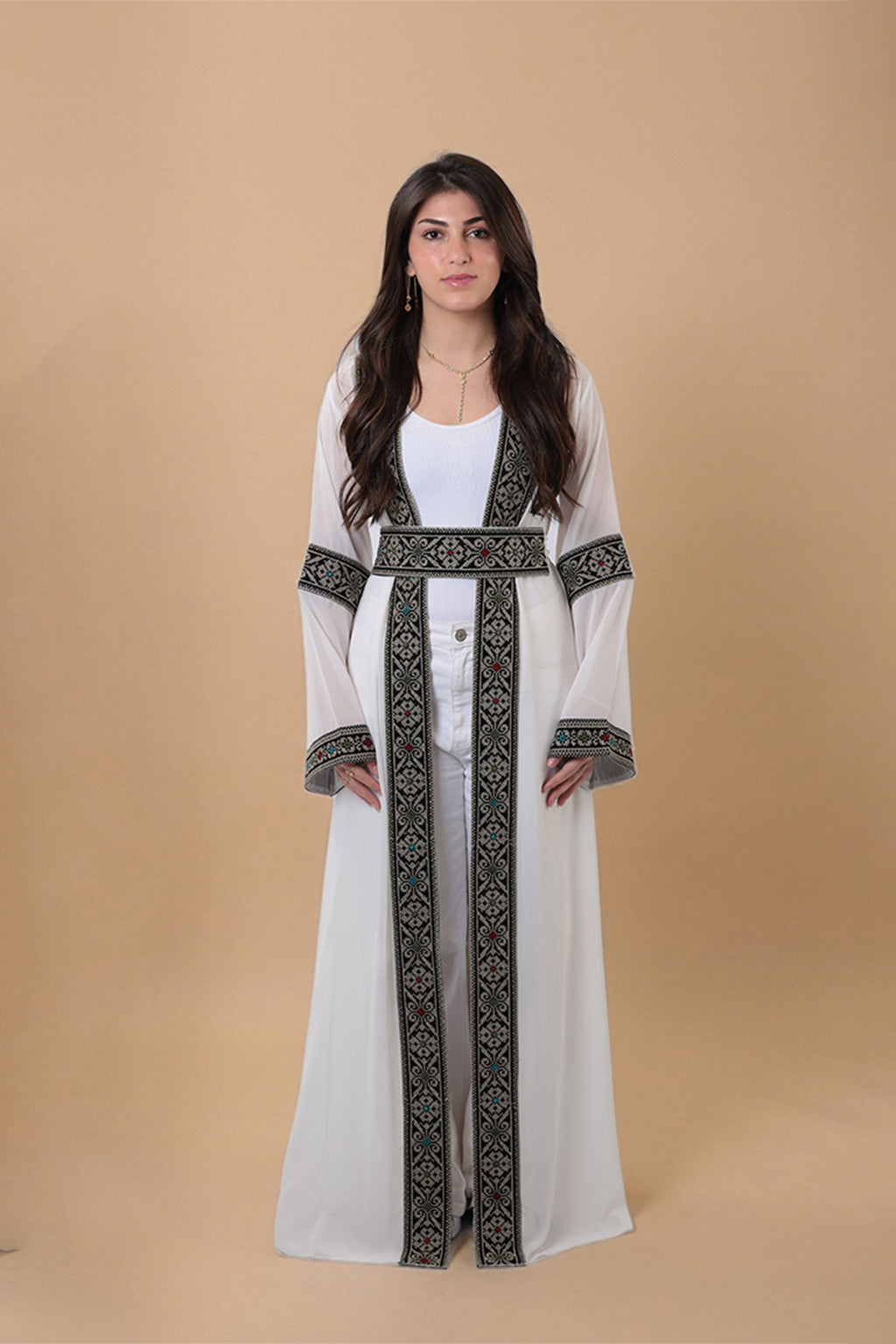Ishtar — Damascus Rose Tatreez Abaya | White