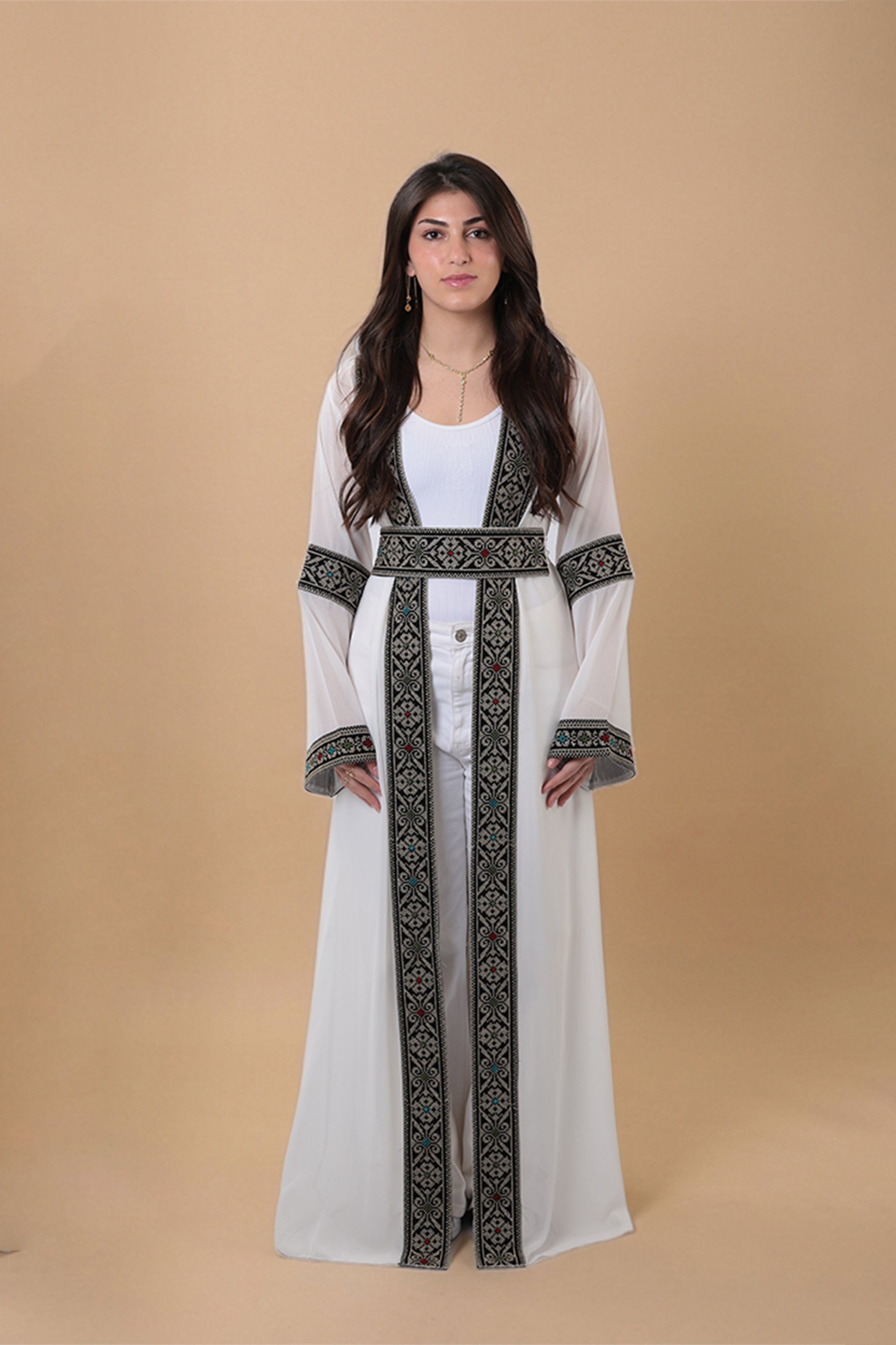 Ishtar — Damascus Rose Tatreez Abaya | White