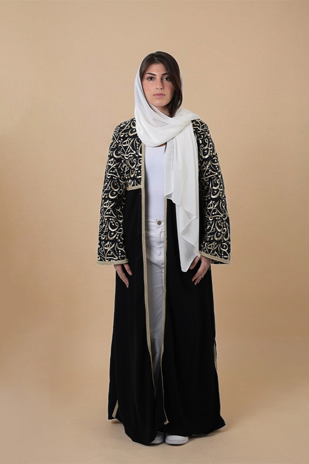 Khawla — Arabic Calligraphy Tatreez Abaya (Half Body) | Black