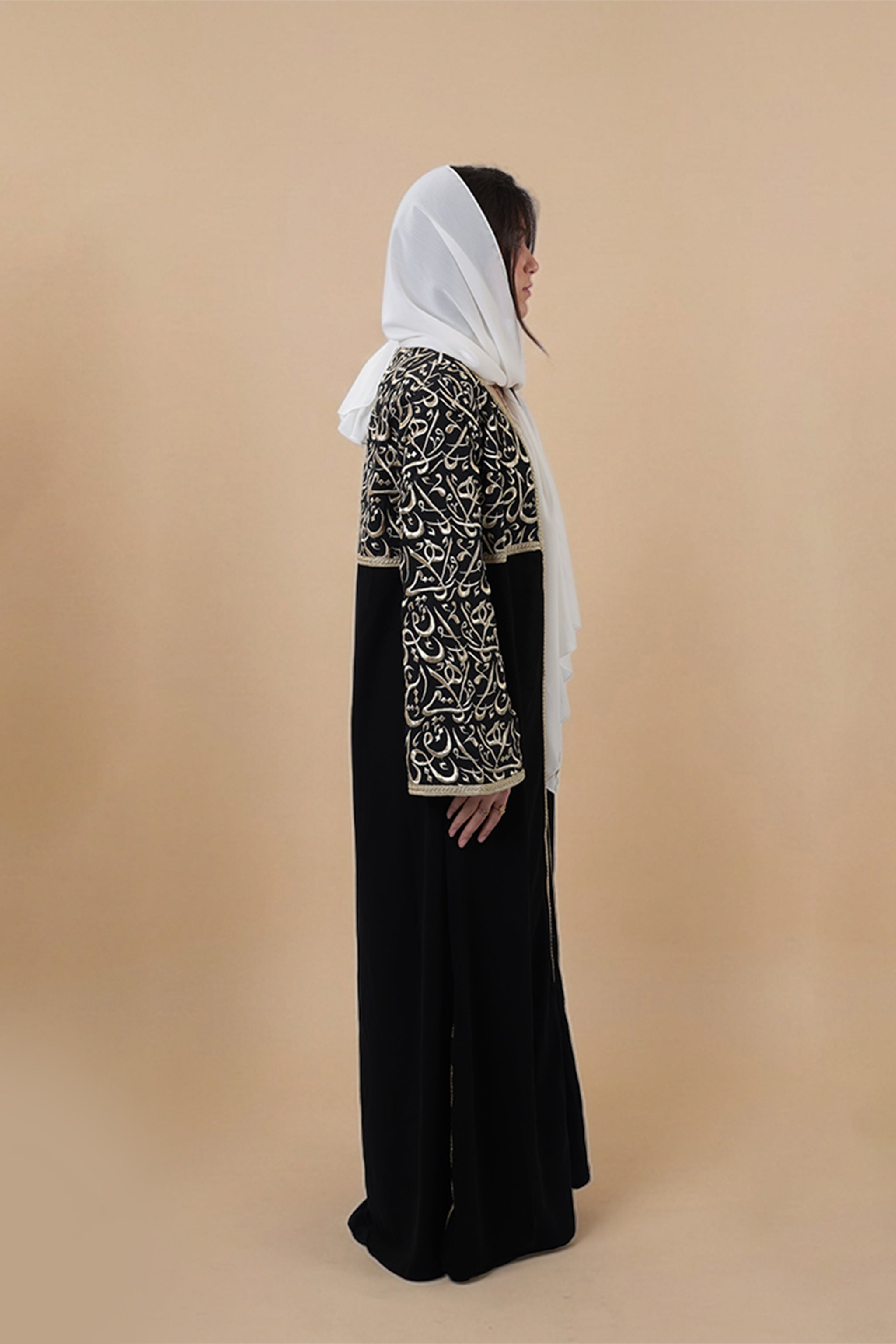 Khawla — Arabic Calligraphy Tatreez Abaya (Half Body) | Black