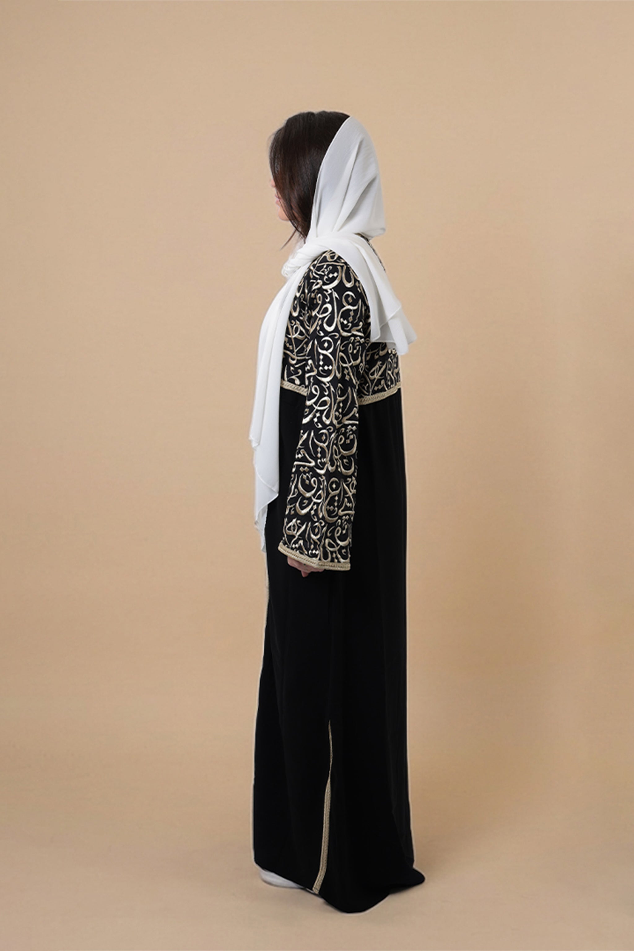 Khawla — Arabic Calligraphy Tatreez Abaya (Half Body) | Black