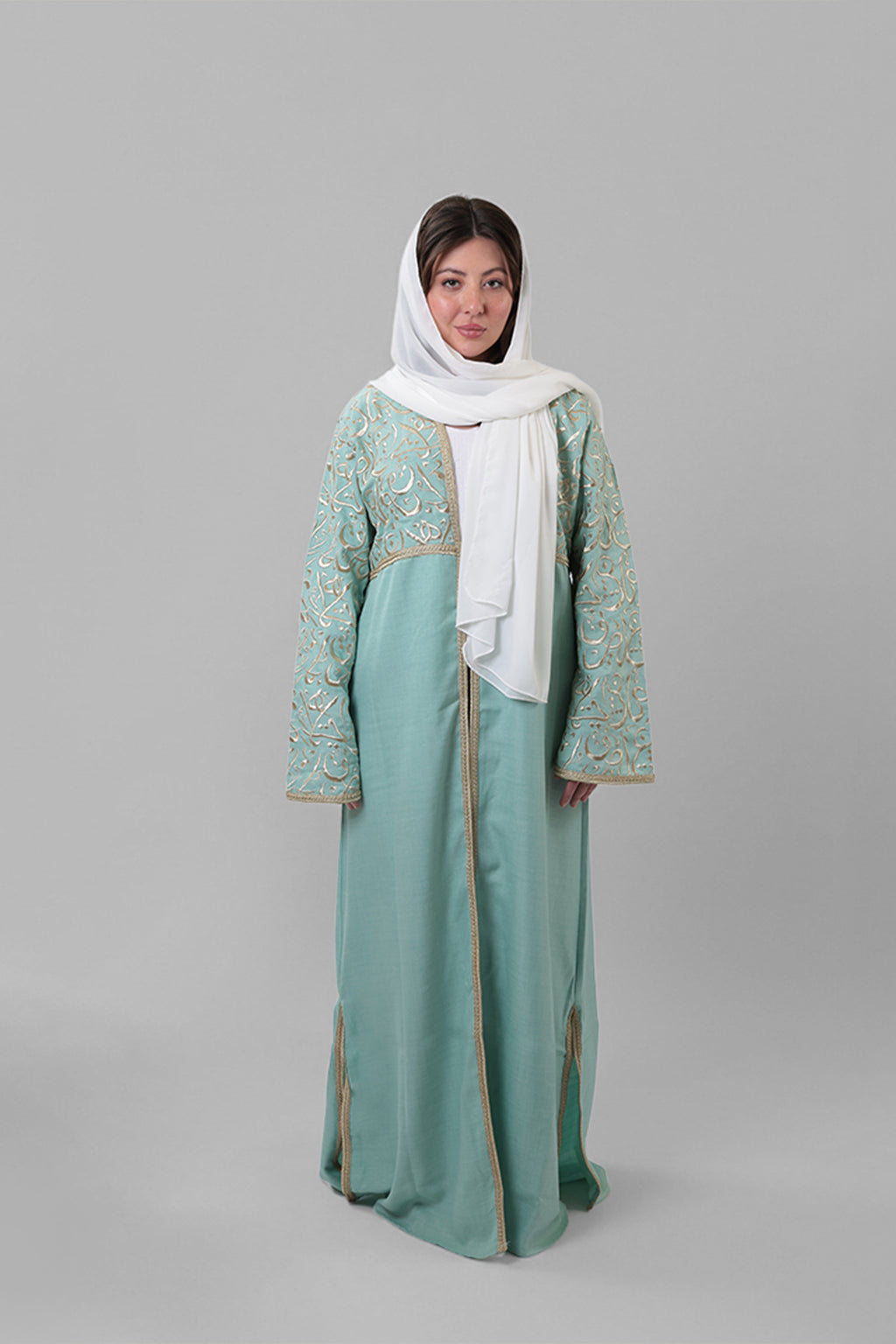 Khawla — Arabic Calligraphy Tatreez Abaya (Half Body) | Turquoise