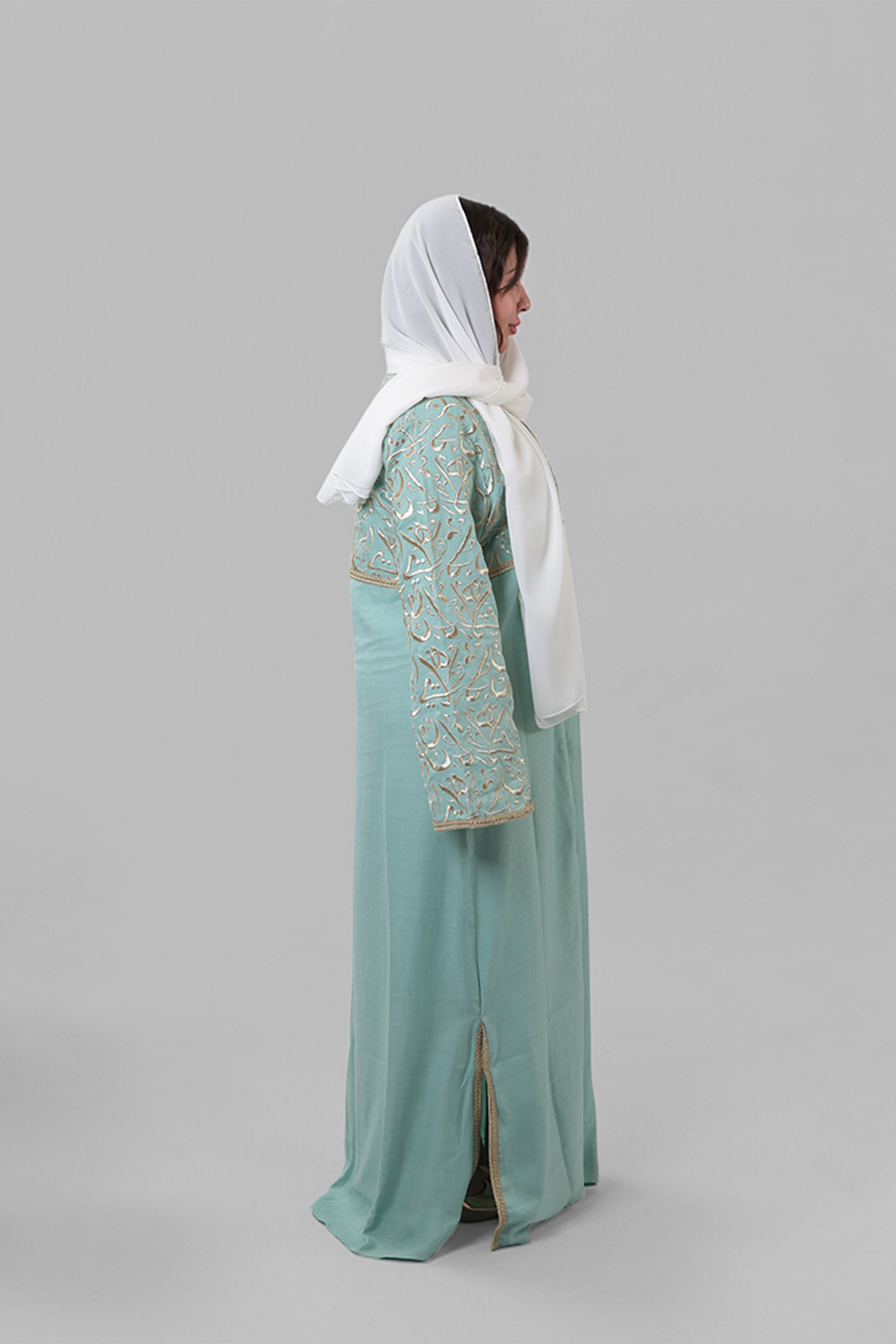 Khawla — Arabic Calligraphy Tatreez Abaya (Half Body) | Turquoise