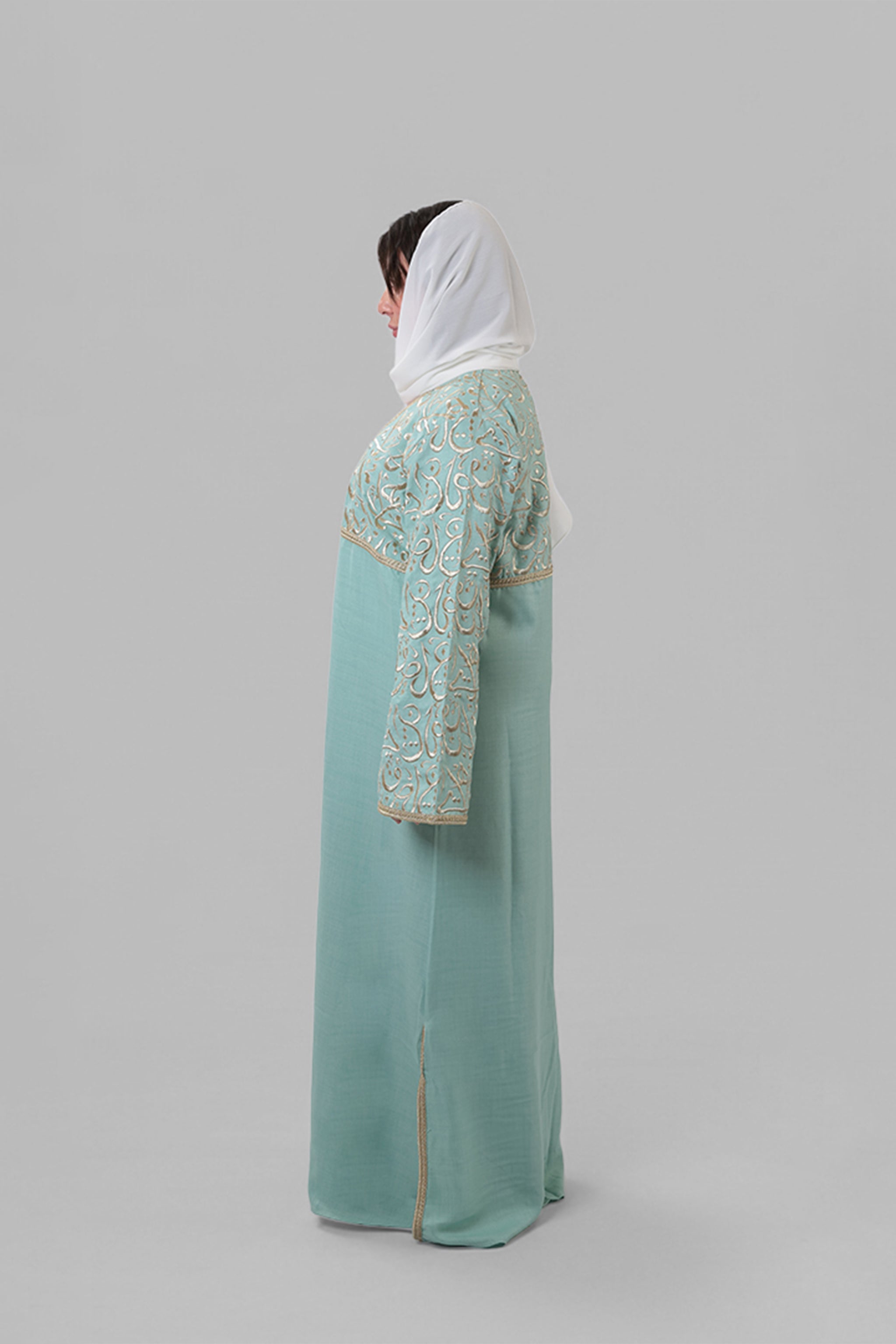 Khawla — Arabic Calligraphy Tatreez Abaya (Half Body) | Turquoise
