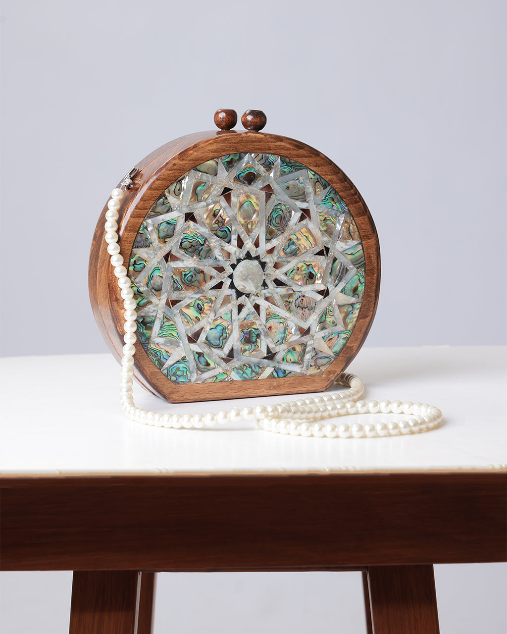 Sukayna III — Damascus Mosaic Wood & Seashell Handbag