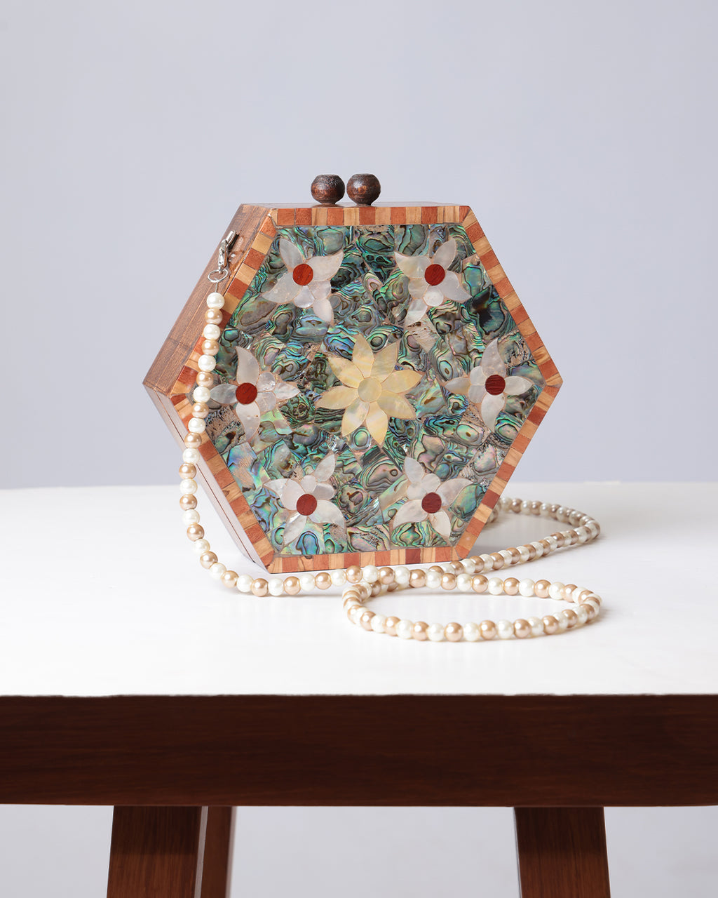Sukayna I — Damascus Mosaic Wood & Seashell Handbag