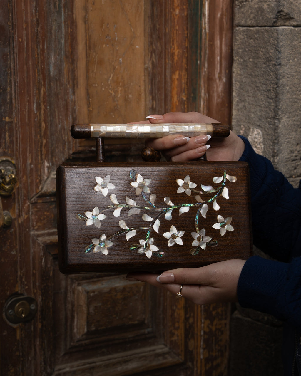 Laila VI — Damascus Mosaic Wood & Seashell Handbag